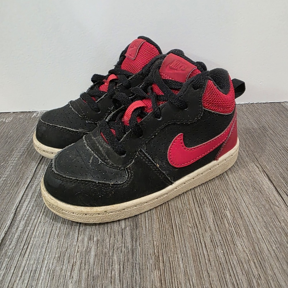 Nike Court Burough‎ Mid Boys Sneakers Size 8 Little Kids Black Red Basketball